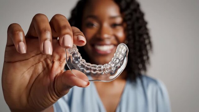 Smiling young african american woman showing clear invisible orthodontic aligner tray for teeth straightening treatment 4k video