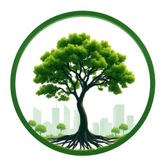 This design encapsulates the concept of urban forestry, where nature coexists with cityscapes. The circular frame emphasizes unity and sustainability, while the tree's growth reflects the integration