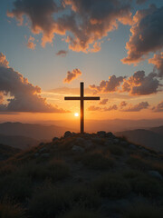 Cross on the hill at sunset with clouds in the sky.