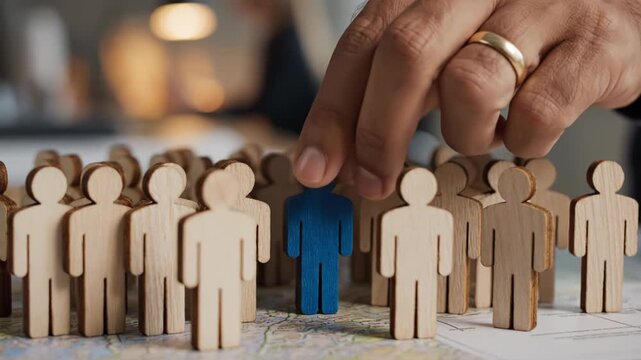 Hand selecting a unique blue wooden person figure from a crowd of beige figures on a map 4k video