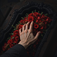 Dark Coffin with Red Floral Tribute, Elderly Hand in Mourning