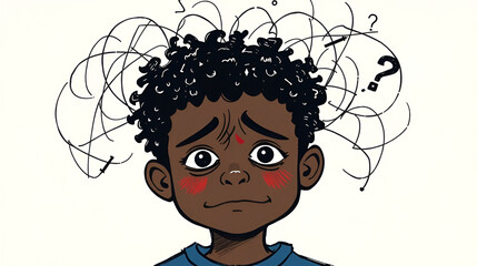 Unhappy sad Black boy with confused thoughts. Child mental health concept. Frustrated kid feeling anxiety, depression, and stress. Tangled scribble represents psychological problems.