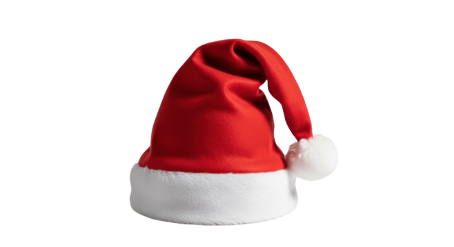 Realistic Red Santa Hat with Fluffy White Pom-Pom and Trim, Isolated PNG on Transparent Background