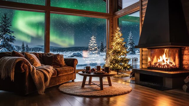 Luxury cabin interior with large window view of snowy landscape and vibrant green aurora borealis over the night sky 4k video