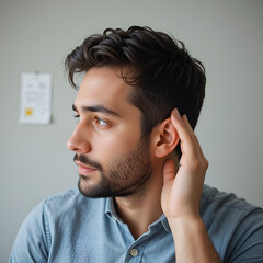 Man cupping his ear having difficulty hearing