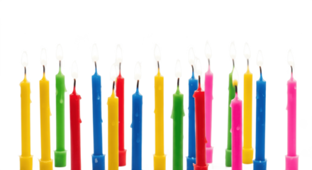 Realistic Colorful Birthday Candles with Flame, Isolated PNG on Transparent Background