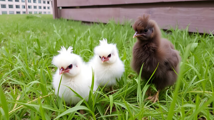 Fluffy Baby Silkie Chickens in a Green Meadow