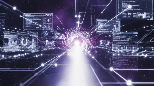 Abstract digital vortex of glowing data stream and futuristic interface screen in dark cyberspace environment 4k video