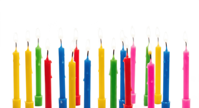 Realistic Colorful Birthday Candles with Flame, Isolated PNG on Transparent Background