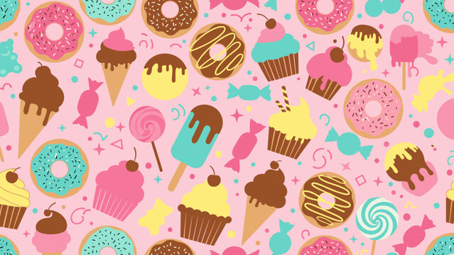 Seamless pattern background with colorful sweet dessert icons like donut, cupcake, ice cream, and lollipop