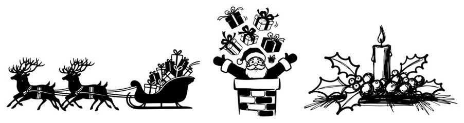 Christmas Silhouette Set Featuring Santa in Chimney Reindeer Sleigh with Gifts and Festive Candle with Holly Vector Illustration