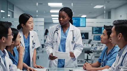 Female doctor leading a diverse medical team meeting around a table reviewing document in a modern hospital conference room 4k video - Powered by Adobe