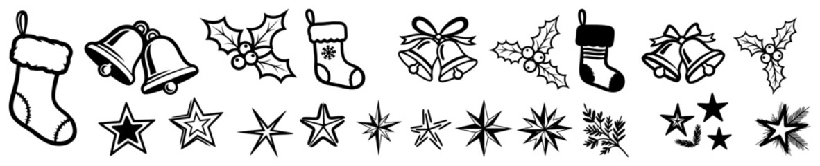 Christmas vector icon set collection of hand drawn holiday elements including bells stockings holly berries and stars