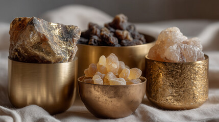 Fototapeta premium Natural resin and minerals displayed in golden bowls on fabric 