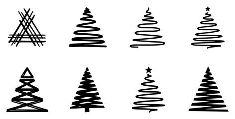Collection of Abstract Hand Drawn Christmas Tree Silhouettes Featuring Scribble Zigzag and Spiral Designs Vector Illustration