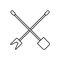 Illustration of crossed shovel and garden fork outline on transparent background