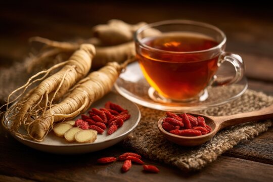 Fresh Ginseng Roots and Herbal Tea for Traditional Medicine