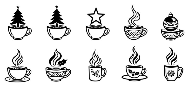 Christmas hot drink vector icon set collection of coffee cups and mugs with holiday decorations trees and steam - Powered by Adobe