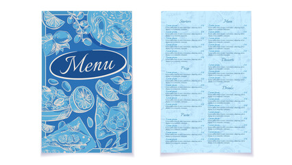 Italian restaurant menu template with Mediterranean lemon theme. Elegant Greek-inspired patterns and citrus illustrations for bar branding, summer dining cards, and cocktail designs. Vector art
