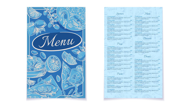 Italian restaurant menu template with Mediterranean lemon theme. Elegant Greek-inspired patterns and citrus illustrations for bar branding, summer dining cards, and cocktail designs. Vector art - Powered by Adobe