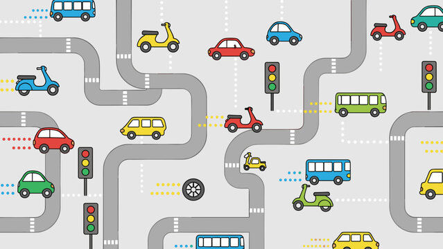 Seamless pattern with cartoon vehicle traffic, cars, bus, scooter, and traffic light on road