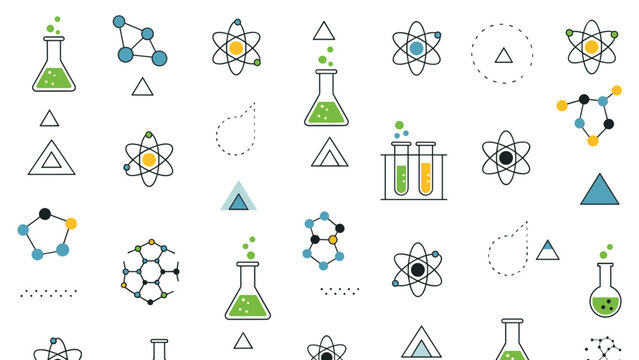 Seamless pattern of science and chemistry icons including flask, atom, and molecule structure