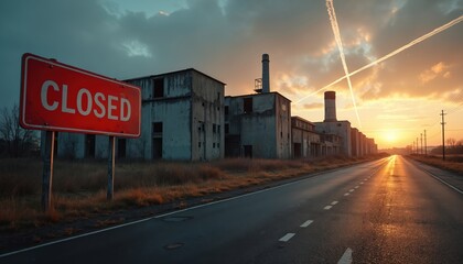 Abandoned factory complex with a red closed sign at sunset. The road leads to the industrial buildings, symbolizing economic decline, business failure, and industrial obsolescence.