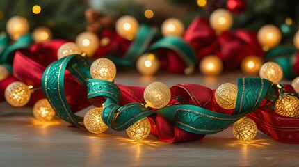 Festive christmas ribbon and warm glowing lights on a wooden surface