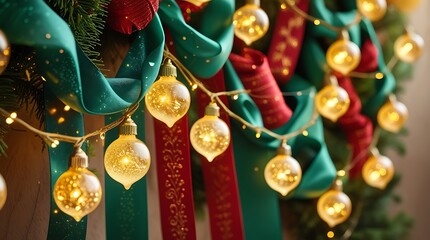 Festive christmas garland with warm glowing lights and red and green ribbons