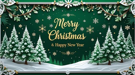 Enchanting merry christmas scene with snow covered pine trees and festive greetings
