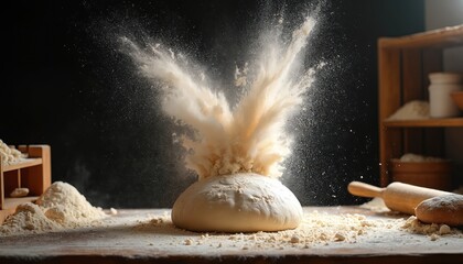 Dramatic burst of white flour explodes from fresh dough on rustic wooden table. Fine powder scatters everywhere, creating active, dynamic baking scene. Kitchen setting many ingredients ready for