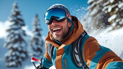 Joyful skier laughing while skiing down a snowy mountain slope