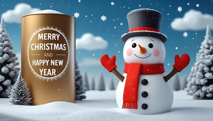 Smiling snowman with red scarf and hat in snowy forest with merry christmas and happy new year message