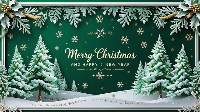 Merry christmas greeting with snow covered pine trees and snowflakes