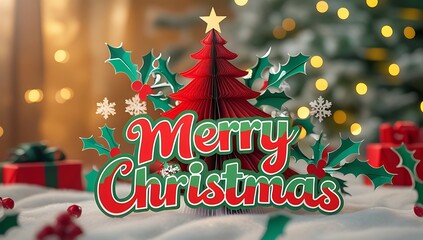 Festive merry christmas decoration with red tree and holly on snowy background