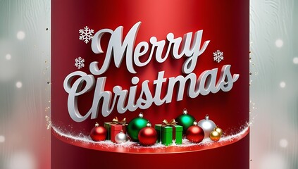 Merry christmas text on a red cylinder with ornaments and snow