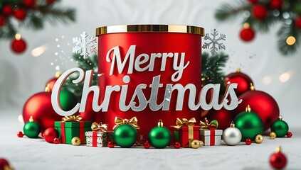 Festive merry christmas scene with red and green ornaments and gifts