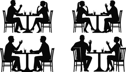 Set of Silhouette Vector Illustrations Featuring Man and Woman Sitting at Cafe Table Talking, Discussing Business, and Having Coffee or Drinks on Date