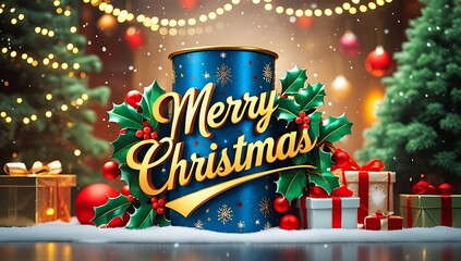 Blue merry christmas decoration with festive lights and gifts