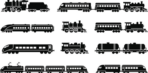 Train Silhouettes Vector Collection Featuring Steam, Diesel, and High-Speed Locomotives with Passenger and Cargo Wagons © Ashikur