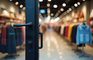 Open modern retail shop door with apparel racks inside. Sleek handle and blurred store background invites customers for shopping. Commercial space ready for trade.