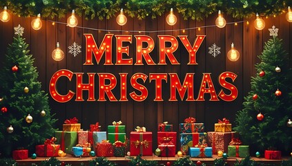 Festive merry christmas message with twinkling lights and presents