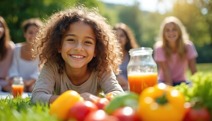 Young girl smiles lying on green grass near colorful vegetables and orange juice. Friends relax together at picnic in sunny park. Healthy outdoor meal for kids.