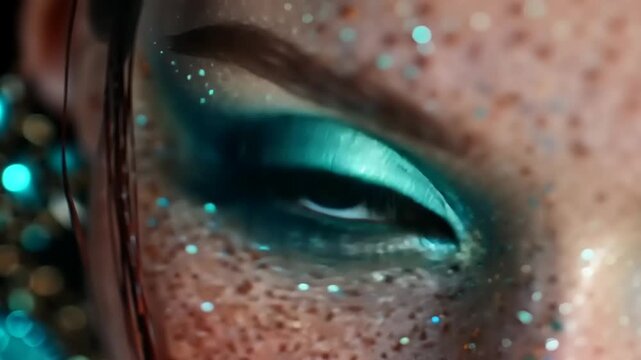 Mesmerizing teal eye makeup with shimmering glitter accents and long dark lashes for a captivating beauty campaign or makeup tutorial video
