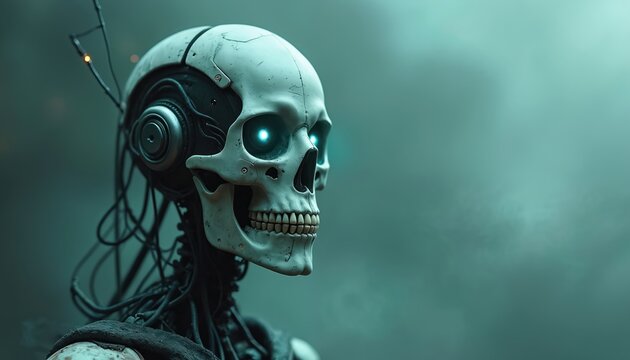Robotic skeleton head with glowing eyes in eerie setting. Artificial skull with cables shows sci-fi concept. Ghost cyborg embodies future tech. Ghostly automaton portrait paranormal activity in