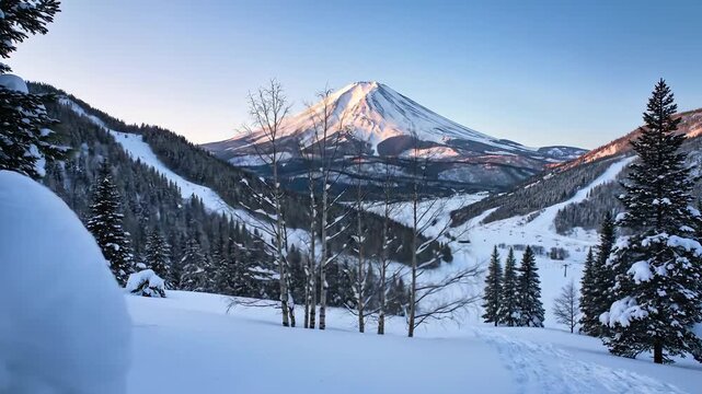 Majestic SnowCovered Mountain Landscape with Pine Trees and Clear Sky.