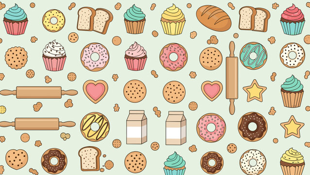 Seamless pattern of various baked goods and baking tools on a light background