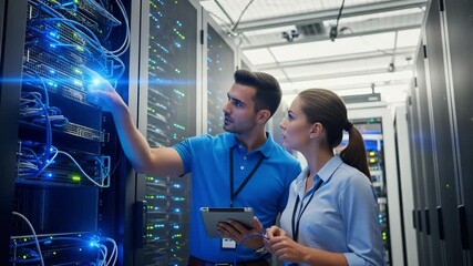 Team collaborating on server maintenance, data center operations with advanced technology - Powered by Adobe