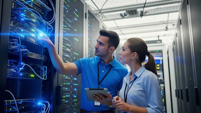 Team collaborating on server maintenance, data center operations with advanced technology