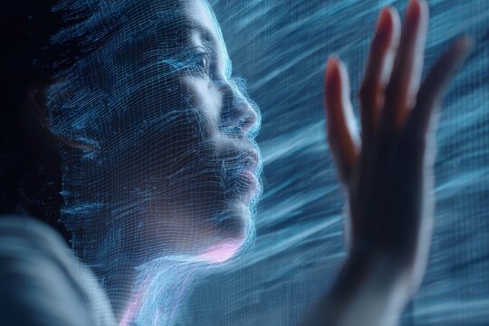 Futuristic data visualization projected onto Asian woman face, hand interacting with digital display.